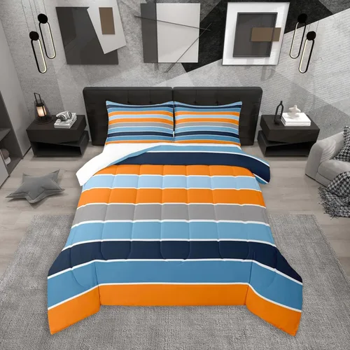 Miniatura 18 de jejeloiu Juego de edredón geométrico para niños, tamaño individual, diseño de rayas de color negro, blanco y gris, juego de ropa de cama decorativo