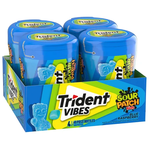 Miniatura 10 de Trident Vibes SOUR PATCH KIDS - Goma de mascar sin azúcar de frambuesa azul, 4 botellas de 40 piezas (160 piezas en total)