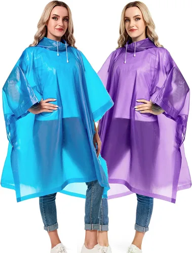 Miniatura 2 de Paquete de 2 ponchos de lluvia para adultos, reutilizables, impermeables, de supervivencia, emergencia, resistente, con capucha con cordón