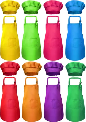 SATINIOR Juego de 8 delantales y sombrero de chef para niños con 2 bolsillos ajustables para niños y niñas para cocinar, hornear, pintar Multicolor