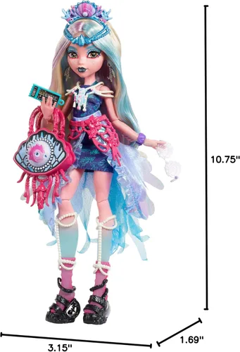 Miniatura 7 de Monster High Muñeca Monster Fest, Lagoona Blue con atuendo glamoroso y accesorios temáticos de festival como aperitivos, póster de banda, bolsa