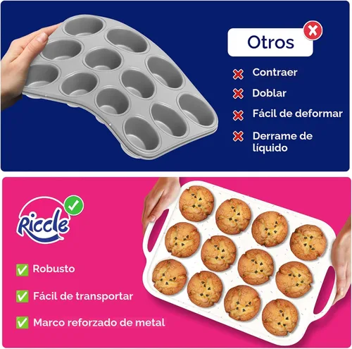 Miniatura 5 de RICCLE Moldes de silicona para magdalenas para hornear con marco reforzado de metal, molde para magdalenas de 12 tazas, 2 bandejas para magdalenas