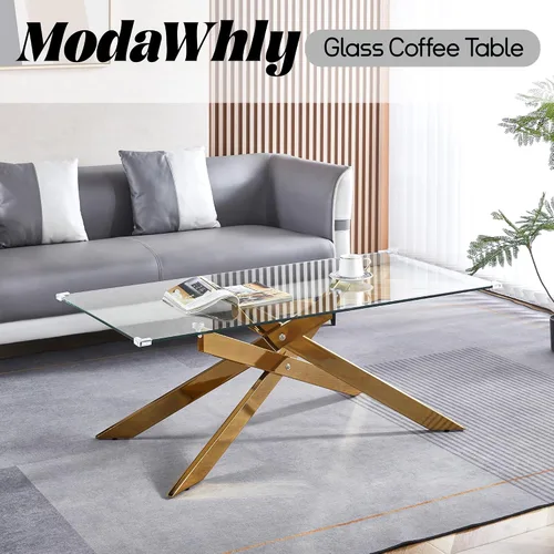 Miniatura 3 de Mesa de centro de cristal de 47 pulgadas, moderna tapa rectangular de vidrio templado con patas de metal con cruz dorada, mesa central de espacio