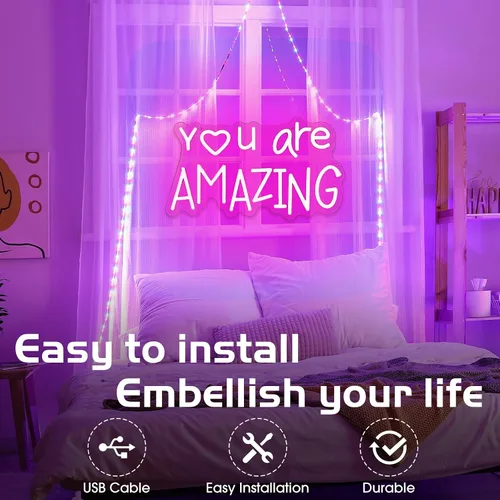 Miniatura 5 de Retisee Letrero de luz LED de neón rosa con texto en inglés "You Are Amazing ", regulable para habitación de niñas, dormitorio, bar, bar, club
