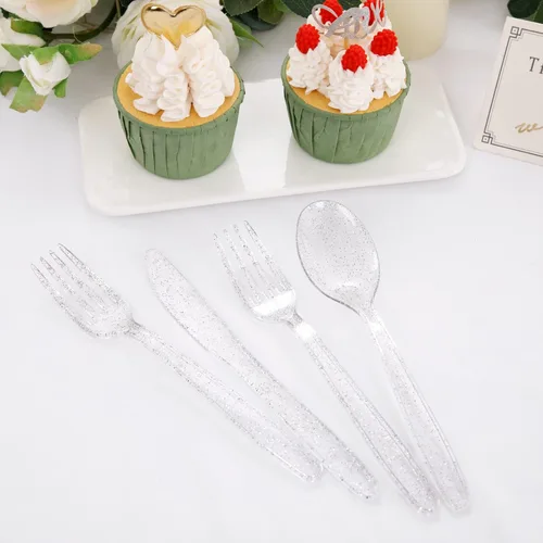 Miniatura 8 de WDF Cubiertos de plástico plateado 360 - Cubiertos de plástico desechables con purpurina plateada - cubiertos desechables que incluyen: 120 Escarcha