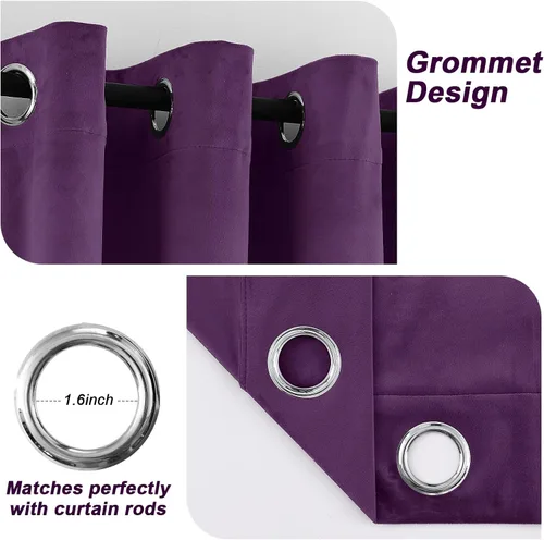 Miniatura 2 de Cortinas opacas de terciopelo morado oscuro de 108 pulgadas de largo, con ojales, para dormitorio, bloqueo de luz, aislamiento térmico, juego de 2