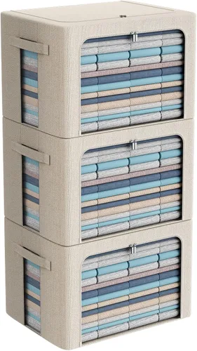 Miniatura 17 de CYhom Paquete de 3 contenedores plegables de almacenamiento - Caja de almacenamiento con marco de tela de lino apilable para ropa con ventana