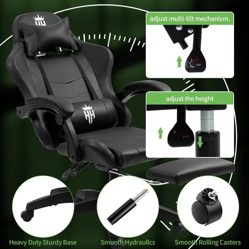 Miniatura 6 de Gaming Chair with Footrest Ergonomic Computer Chair for Adult, Adjustable Headrest, Lumbar Pillow, Large Size Reclining Gaming Chair Big and Tall