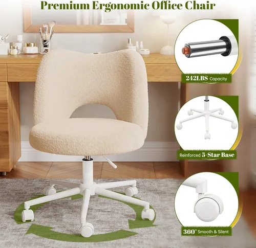 Miniatura 37 de DurayLoly Silla de Tocador con Ruedas Rosa, Linda Silla de Tocador con Respaldo, Silla de Escritorio Ultra-Suave de Felpa, Silla de Oficina Pequeña