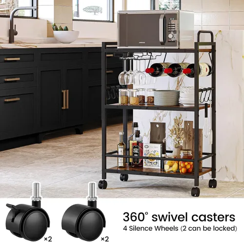 Miniatura 5 de Carrito de bar, carrito de servir para el hogar, carrito de microondas, carrito de bebidas, estante de cocina móvil con estante para vino y soporte