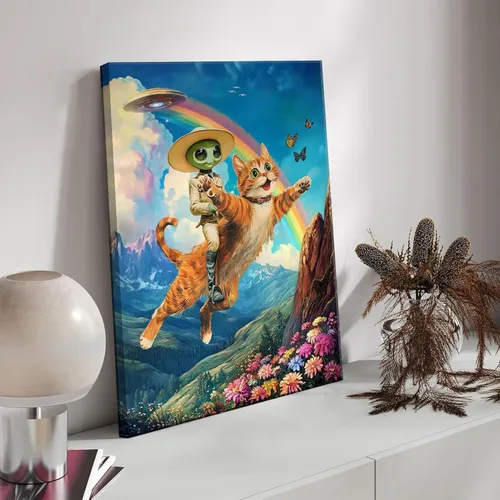 Miniatura 3 de Lienzo de paisaje victoriano OVNI para pared, diseño divertido de alienígena montando un gato, cuadros eclécticos de gato, póster impreso