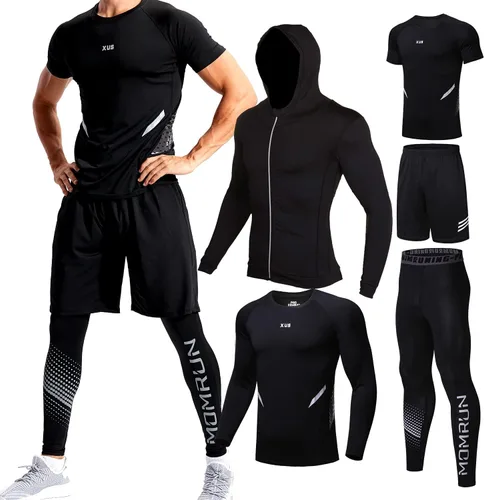 BOOMCOOL Conjuntos de entrenamiento de 5 piezas que incluyen camisa de compresión, pantalones y chaqueta con capucha para hombres, deportes al aire