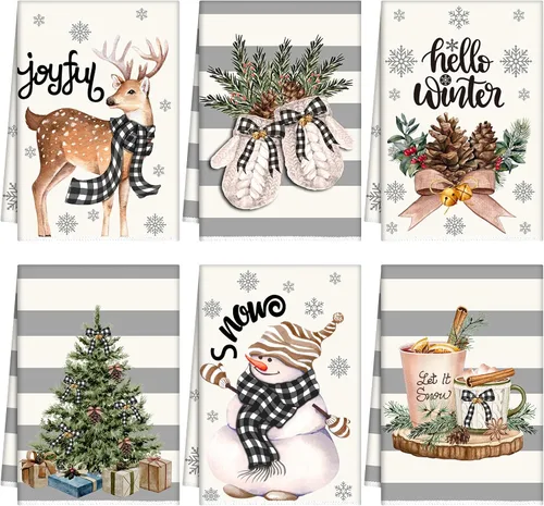 Sratte 6 piezas de toallas de cocina navideñas, toallas de mano de muñecos de nieve de invierno, toallas absorbentes de árbol de Navidad y renos,