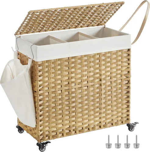 Miniatura 13 de SONGMICS Cesta de lavandería con tapa, 42.3 galones (160 L), cesta de lavandería con ruedas, ratán sintético de 3 secciones, forro extraíble, Gris