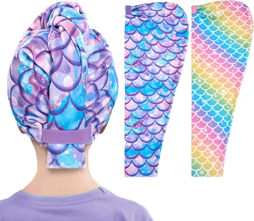 Miniatura 10 de WAWSAM Paquete de 2 toallas de secado de cabello para niños, toalla de microfibra para el cabello para niñas, gorro de pelo de secado rápido con Azul