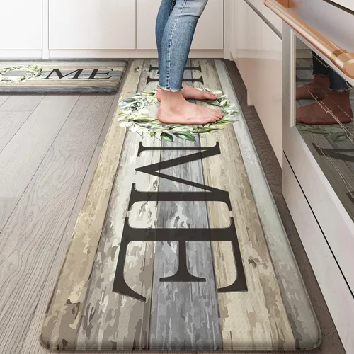 Miniatura 20 de KIMODE Alfombra Antifatiga para Cocina 2 Piezas, Alfombras de Cocina Impermeables y Antideslizantes, Alfombra de Cocina de Estilo Rústico para Piso