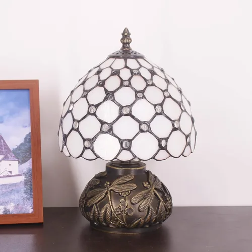 Miniatura 7 de Lámpara Tiffany Pequeña Mini Lámpara de Mesa de Vidrio Teñido Perlas Crema Estilo Seta Luz de Escritorio Lámpara de Memoria Simpatía 8X11 Pulgadas