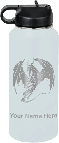 Miniatura 13 de LaserGram Botella de agua con tapa abatible de doble pared de 12 onzas con pajilla, dragón, grabado personalizado incluido (negro)