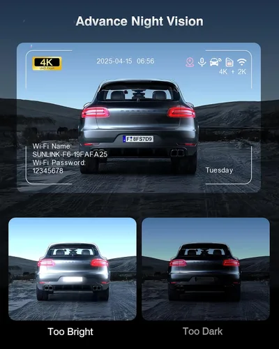 Miniatura 2 de Cámara de tablero frontal y trasera, cámara de tablero de grabación 4K+2K para automóviles, visión nocturna con WDR, gran angular de 170°, WiFi dual
