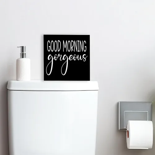 Miniatura 6 de Divertido letrero de madera negra para baño, con texto en inglés "Good Morning Gorgeous Wood Block" para baño, estante de baño, baño, hogar, mesa