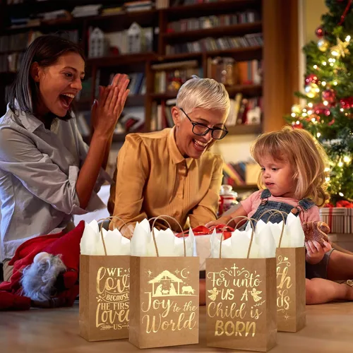 Miniatura 4 de Sabary 24 bolsas de regalo religiosas de Navidad, bolsas de regalo cristianas de Navidad, bolsas de regalo de papel kraft metálico con asas