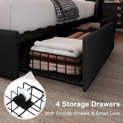 Miniatura 5 de Feonase Marco de cama tapizado de tamaño completo con 4 cajones de almacenamiento, cabecera de almacenamiento grande tipo wingback, no necesita Negro