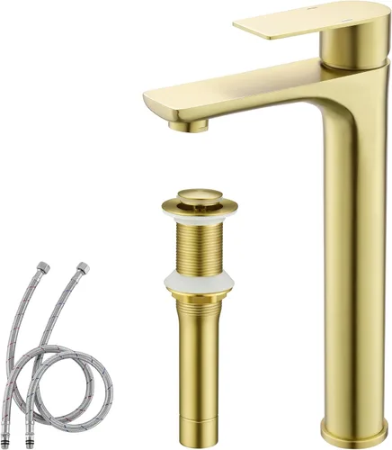 TONNY Grifo de lavabo dorado, grifo alto dorado cepillado para fregadero de baño, 1 agujero, grifo de tocador de lavabo de una sola manija con Oro
