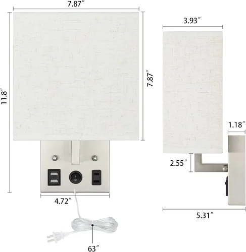 Miniatura 3 de BTY Juego de 2 apliques de pared modernos, lámparas de pared para dormitorio, enchufe con puertos de carga USB, apliques de enchufe de CA
