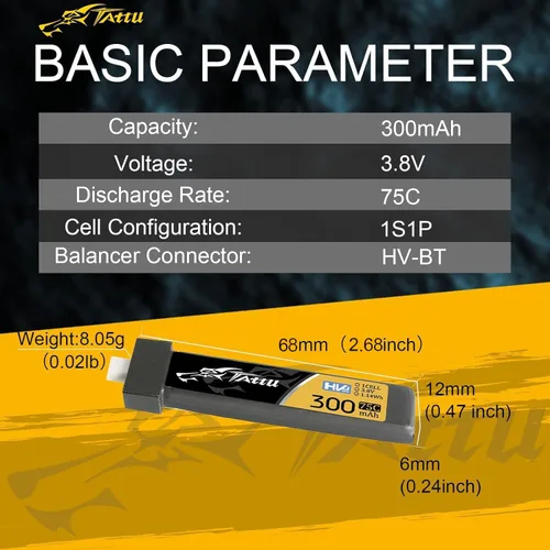 Miniatura 2 de TATTU 300mAh 3.8V Alto Voltaje 75C 1S1P Lipo Batería con BT 2.0 Plug (5pcs)