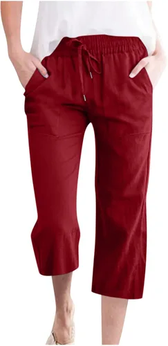 Miniatura 27 de Ceboyel Pantalones capri para mujer para verano, cintura elástica, pantalones de yoga, con cordón, pantalones de lino, pantalones de entrenamiento