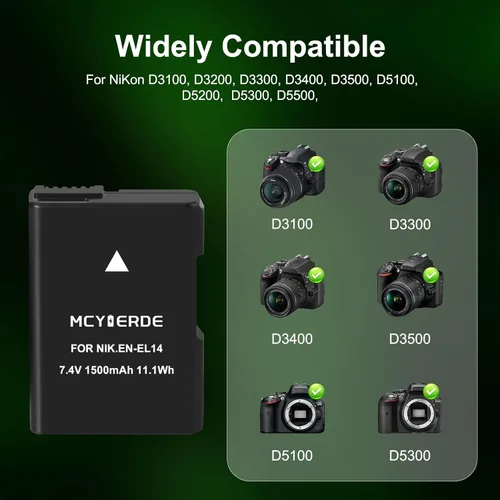 Miniatura 2 de Paquete de 2 baterías de repuesto EN-EL14 EN-EL14a, batería de litio recargable de 1500 mAh compatible con D3100 D3200 D3300 D3400 D3500 D5100 D5200