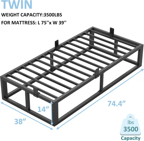 Miniatura 3 de Bilily Marco de cama individual de 14 pulgadas con soporte de listones de acero resistente, plataforma de metal resistente para colchón