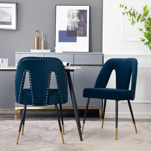 Silla de comedor tapizada de terciopelo con patas de metal y respaldo abierto, decoración de remaches, silla auxiliar contemporánea, para comedor,