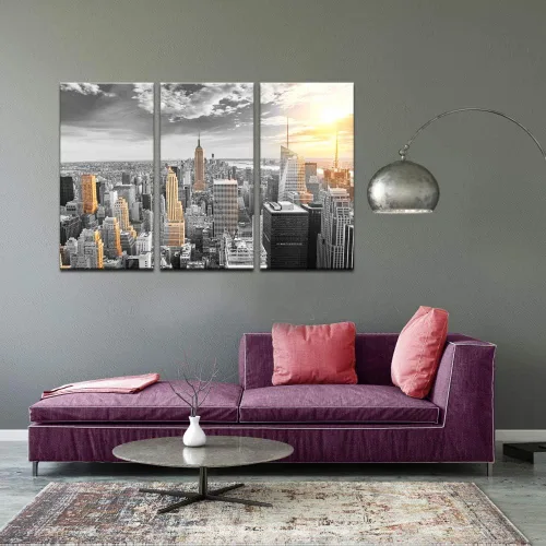 Miniatura 5 de LevvArts Lienzo grande de 3 piezas de arte de pared moderno en blanco y negro NYC en dorado al atardecer, póster de paisaje urbano enmarcado