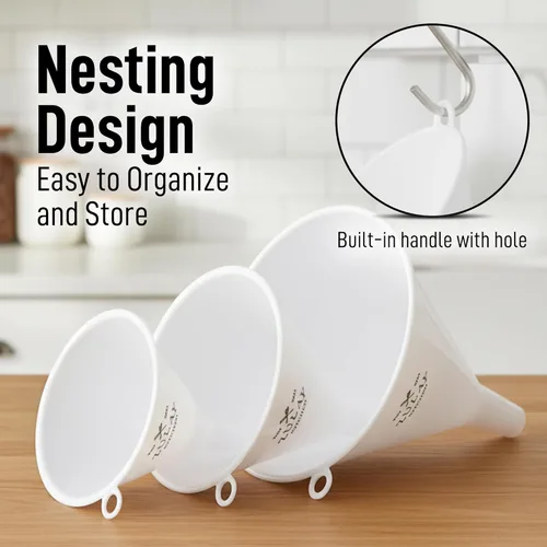 Miniatura 5 de Zulay Kitchen Juego de 3 Embudos de Plástico – Embudos de Cocina Grandes, Medianos y Pequeños con Pico Vertedor – para Llenar Botellas de Agua