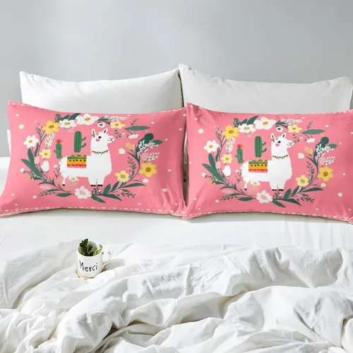 Miniatura 7 de Erosebridal Lindo juego de sábanas de llama para niños y niñas, juego de sábanas de animales de cactus verde, juego de sábanas de búfalo rosa