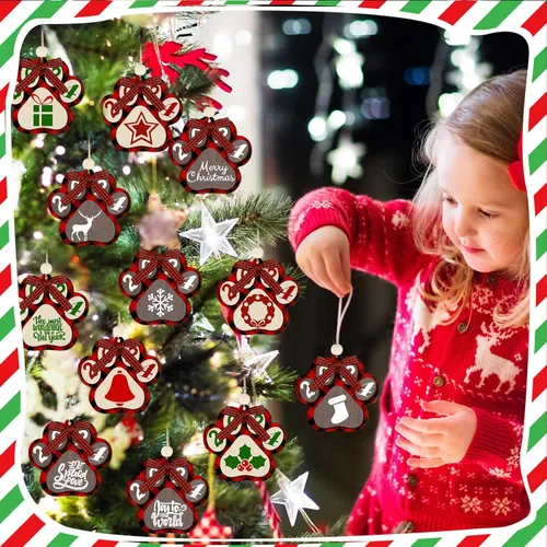 Miniatura 6 de 12 adornos navideños para perro, árbol de Navidad, adornos de pata de perro, lindos recortes de madera de 2 capas de impresión de patas, decoración