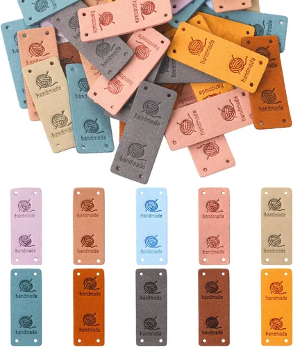 50 piezas de etiquetas de cuero hechas a mano, etiquetas de cuero PU para accesorios de crochet, etiquetas plegables hechas a mano, accesorios de 10