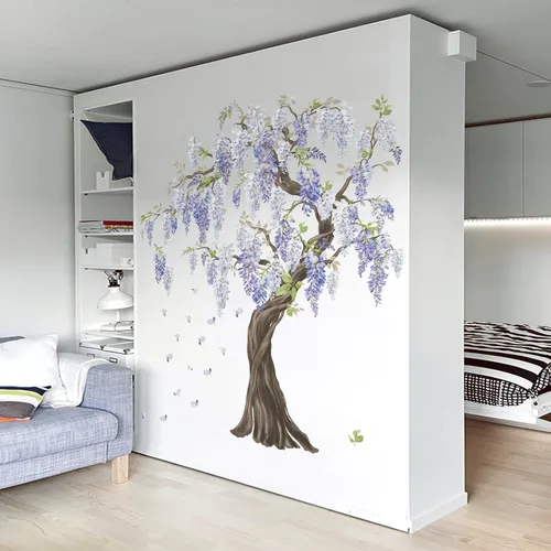 Miniatura 4 de wondever Pegatinas de pared de árbol de flores moradas, diseño de glicina para colgar en árbol grande, calcomanías de arte de pared para dormitorio