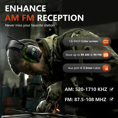 Miniatura 5 de Bluetooth 6.0 AM/FM Hearing Protection, Radio Headphones with Digital Display, 30 SNR Noise Reduction Safety Earmuffs with Rechargeable 2000 mAh
