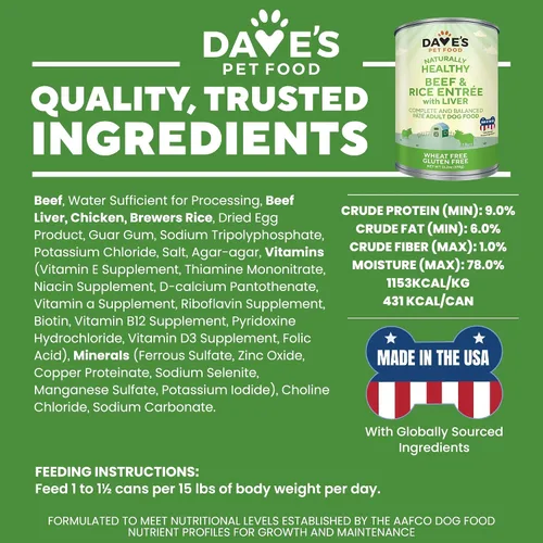Miniatura 6 de Dave's Pet Food Alimento húmedo para perros (carne de res y arroz), hecho en Estados Unidos, naturalmente saludable, conserva, sin gluten, 13.2