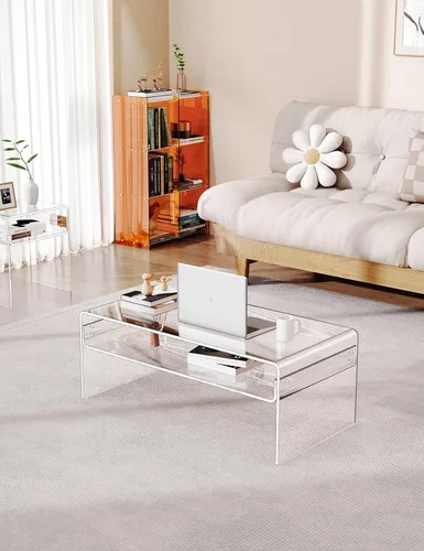 Miniatura 7 de Mesa de café acrílica para sala de estar con estante de almacenamiento abierto, mesa rectangular transparente de Lucite (1, Transparente, Normal)