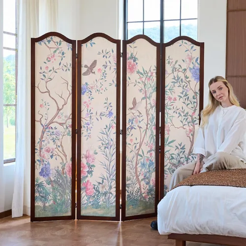 Miniatura 7 de Svimi Divisor de habitación plegable de madera de 4 paneles estilo oriental – Pantalla de privacidad independiente y panel de pared decorativo