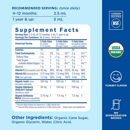 Miniatura 5 de Mommy's Bliss Gotas de saúco orgánico para bebé, apoyo inmunológico con vitaminas, prebióticos, zinc y equinácea orgánica, para niños mayores de 4