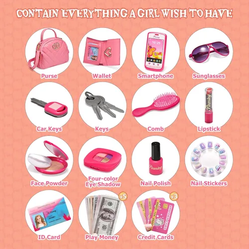Miniatura 3 de Bolso de niñas pequeñas, juego de maquillaje de simulación para niños de 3-5 y 4-6 años, bolsos para niños con accesorios, bolso de mano rosa, kit