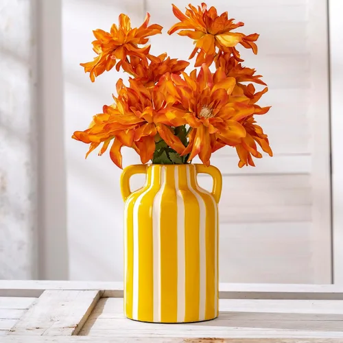 Miniatura 7 de Jarrón de cerámica amarillo y blanco con asas, jarrón floral a rayas para decoración del hogar, flores para cocina, estantería, manto, decoración