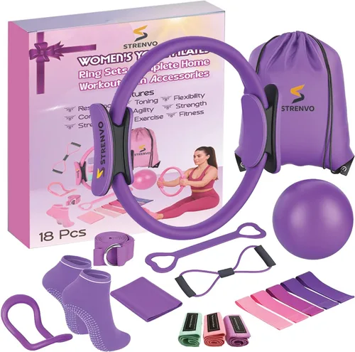 Miniatura 9 de Juego de anillos de yoga y pilates para entrenamientos en casa, kit de fitness de 18 piezas para mujer, accesorios de resistencia y tonificación