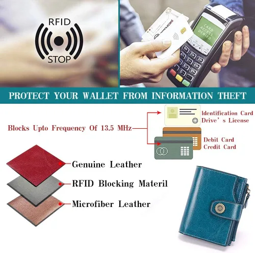 Miniatura 6 de FALAN MULE - Cartera pequeña plegable para mujer de cuero genuino, compacta, con bloqueo RFID, Azul Patchwork), 5206