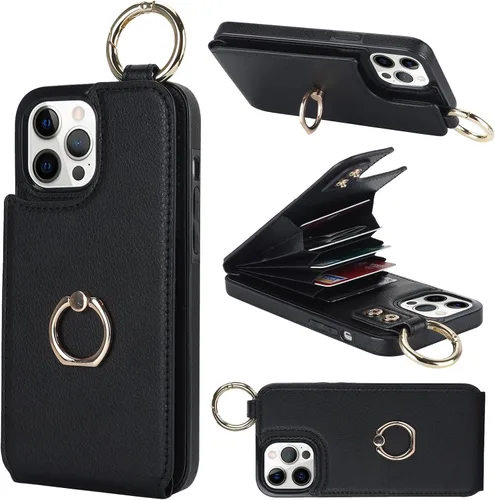 Folosu Funda tipo cartera para iPhone 12 Pro Max con soporte para tarjetas, soporte de anillo de rotación de 360°, soporte de anillo de apoyo de
