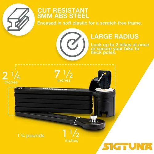 Miniatura 2 de SIGTUNA Candado plegable para bicicletas - Candado resistente de acero endurecido de 8mm con montaje fácil, bloqueo seguro y revestimiento